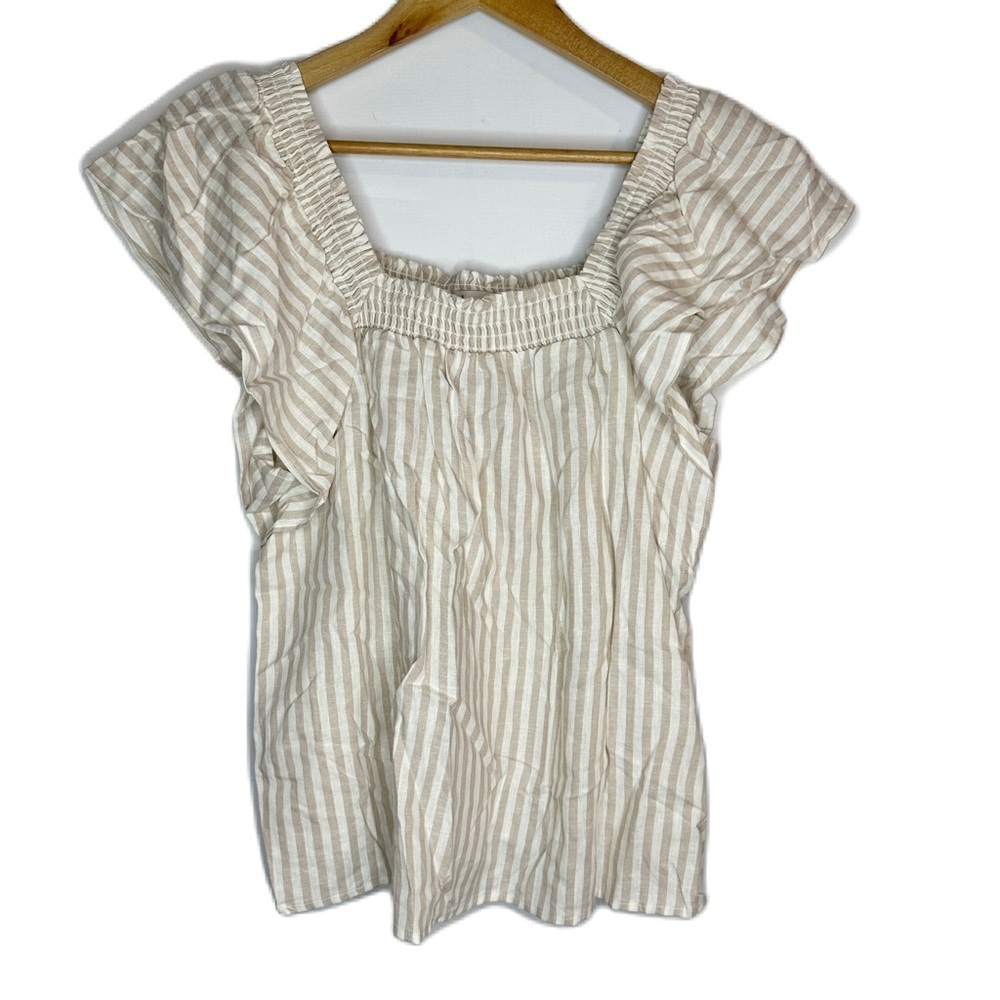 NEW A New Day Cream Stripe Linen Blend Square Neck Flutter Sleeve Top Women’s M